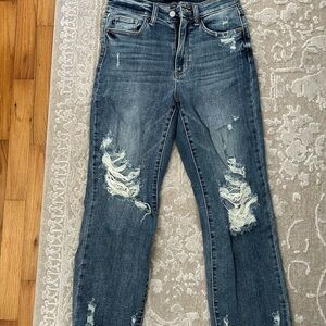 Judy Blue Distressed Straight Leg Jeans - Dark Blue